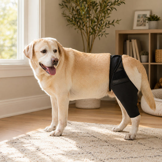Labrador wearing a black FlexSupport hind leg brace at home for everyday mobility support