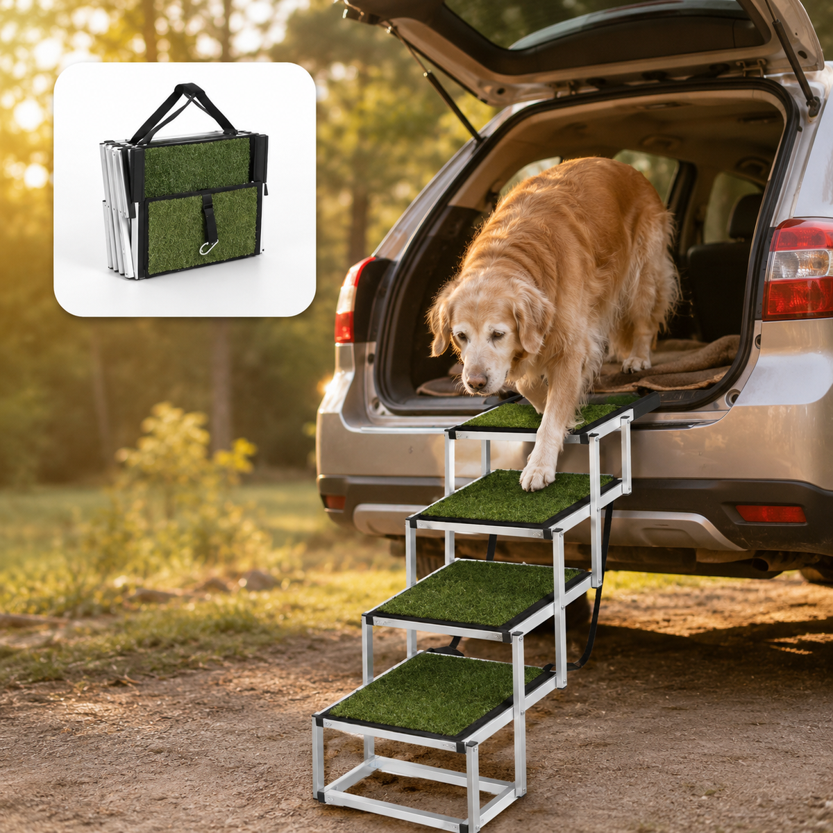 Foldable dog car steps product view showing the multi-step design for vehicle access