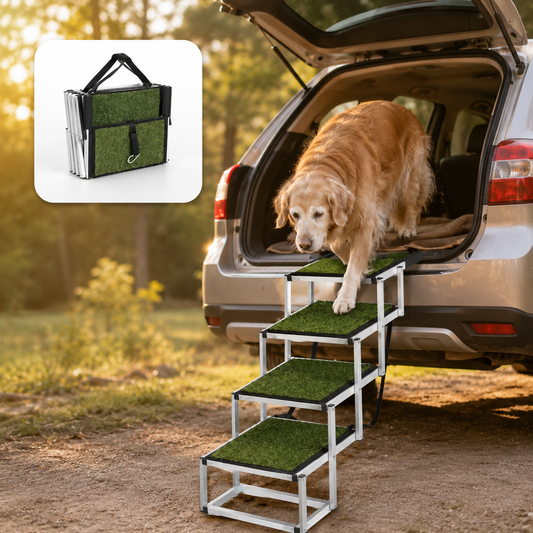 Foldable dog car steps product view showing the multi-step design for vehicle access