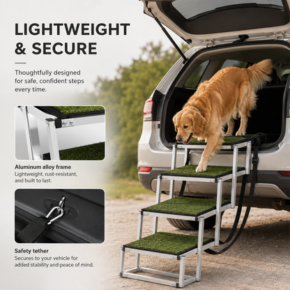 Senior dog using foldable car steps for easier access to a vehicle
