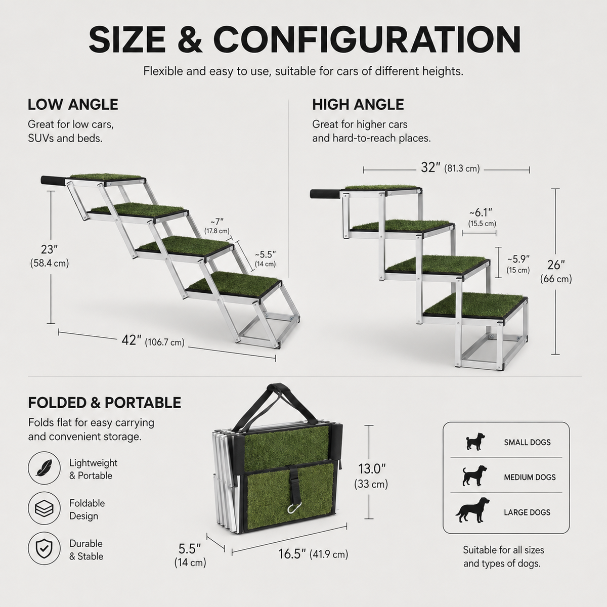 Foldable dog car steps size guide with product dimensions