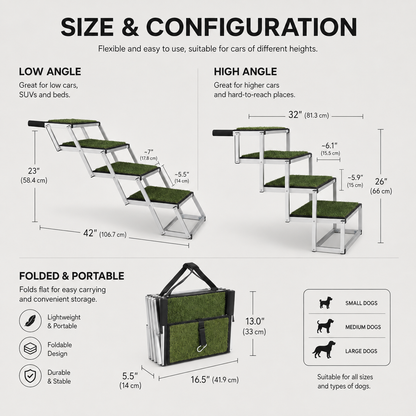 Foldable dog car steps size guide with product dimensions
