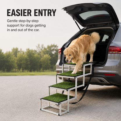 Foldable dog car steps set up beside an SUV for easier pet entry
