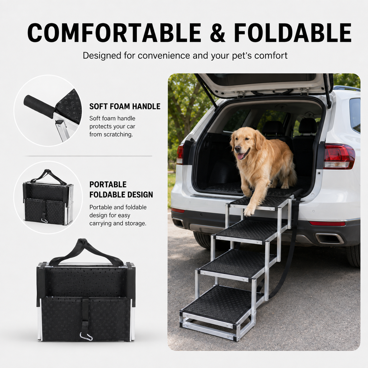 Dog car steps arranged beside an SUV to support easier pet entry