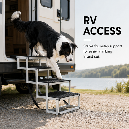 Foldable dog car steps positioned at an SUV for convenient pet vehicle access