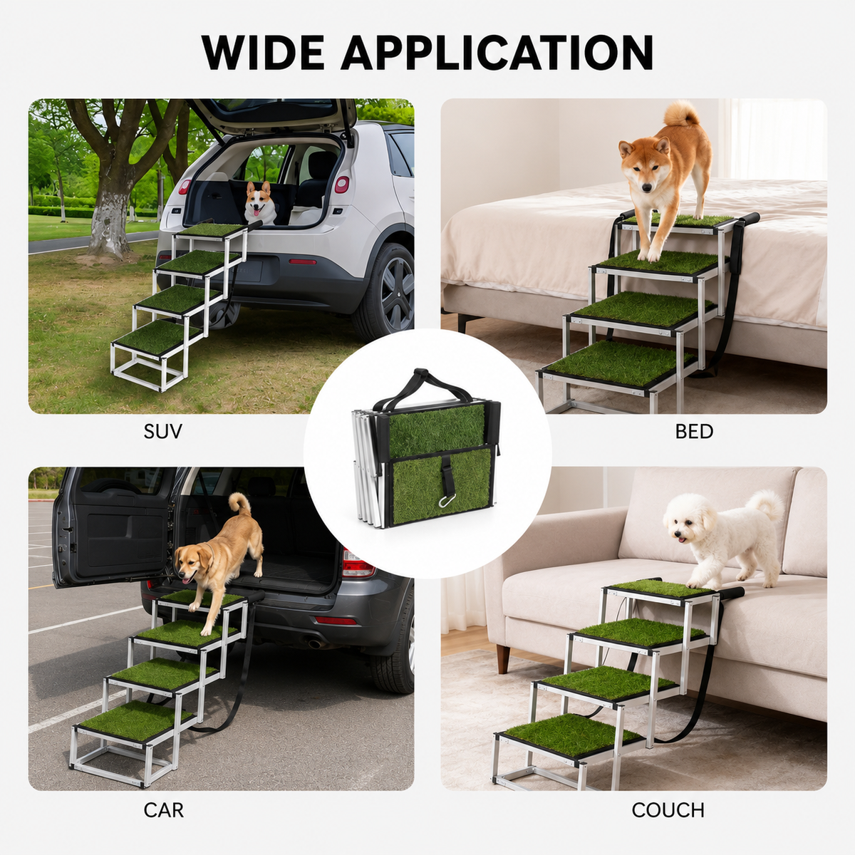 Foldable dog car steps shown with an SUV for pet travel and vehicle access
