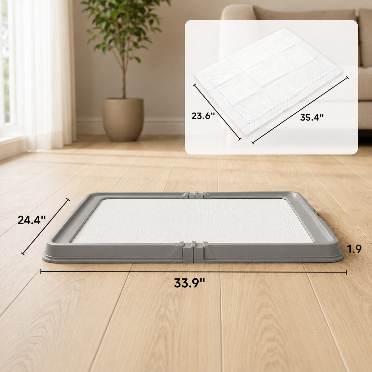 Gray foldable dog pee pad holder with tray and pee pad size measurements in inches