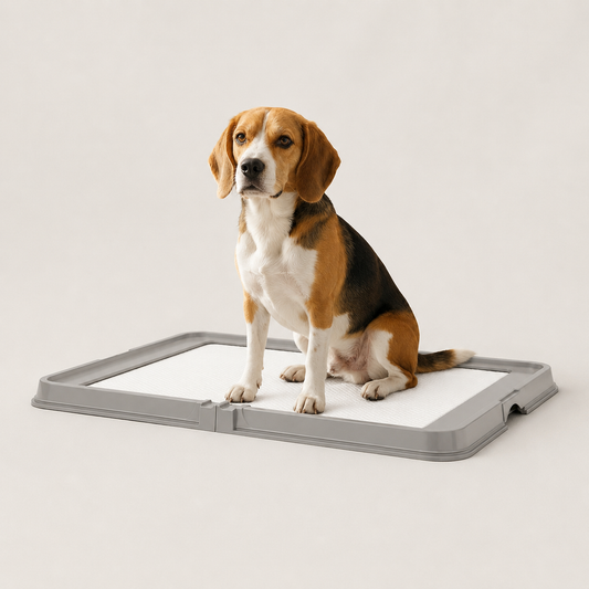 Beagle sitting on a gray foldable dog pee pad tray for indoor potty training