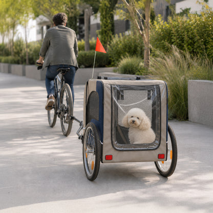 Adventure Ride dog bike trailer shown in an outdoor lifestyle setting