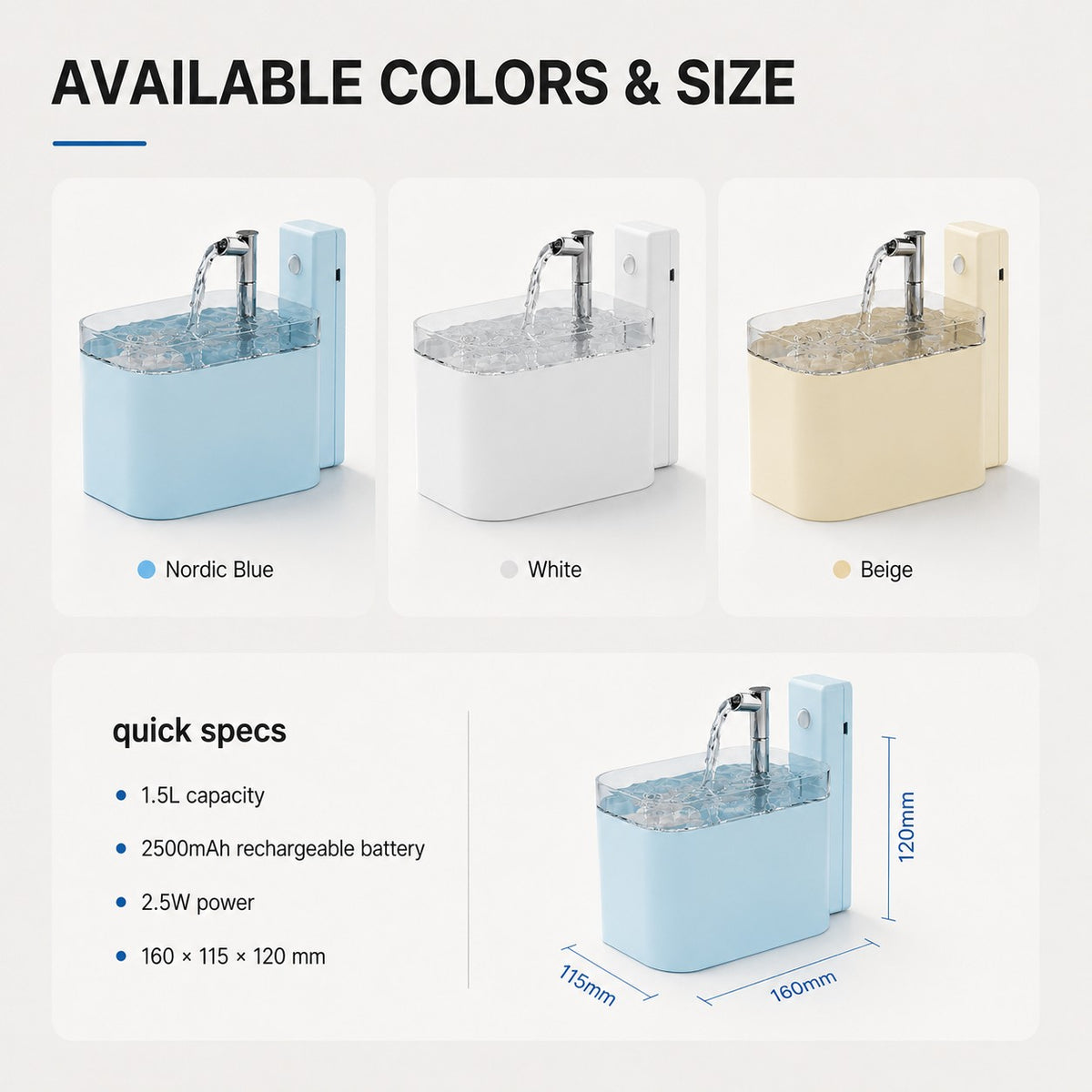 FreshFlow pet water fountain available colors, 1.5L capacity and compact size