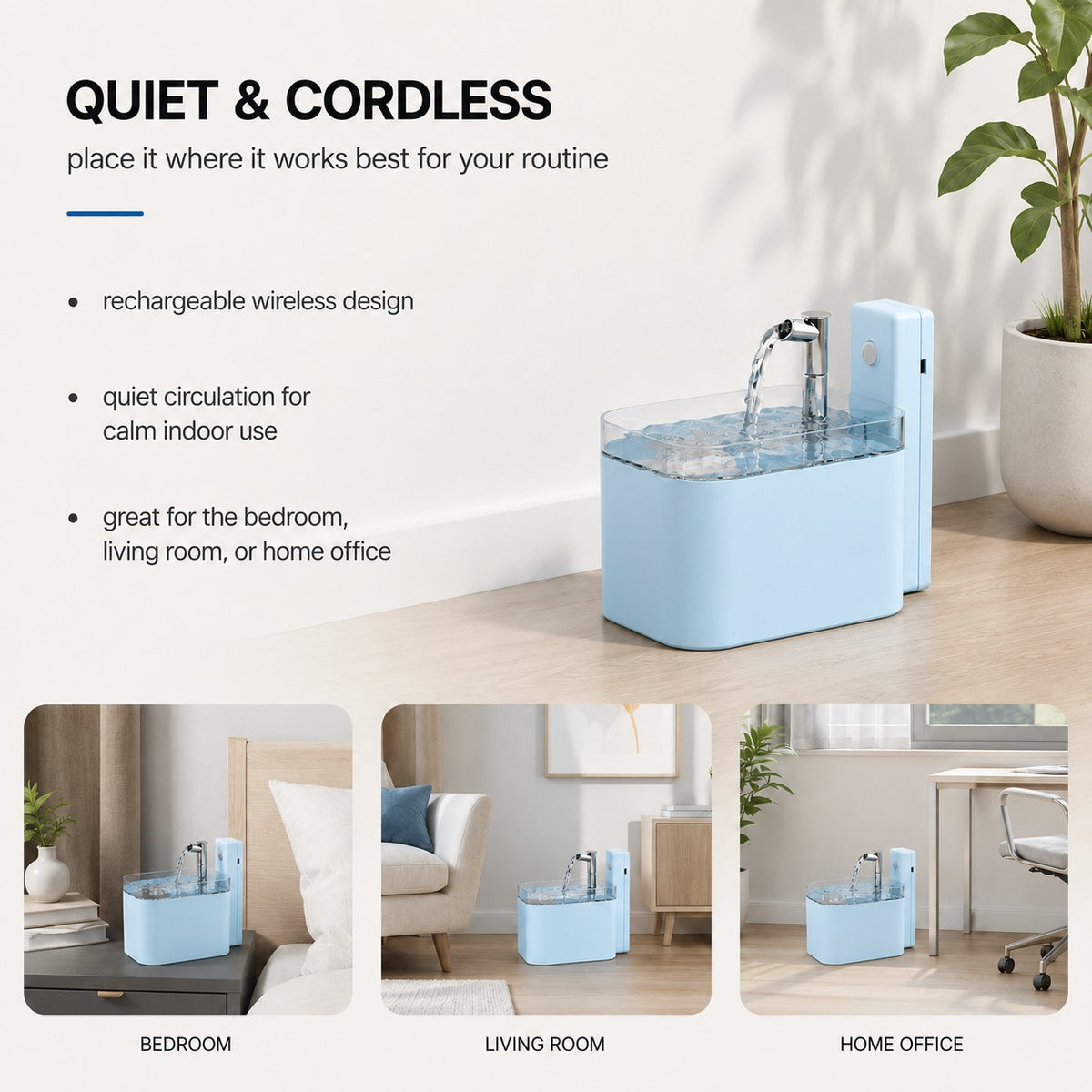 FreshFlow quiet cordless pet water fountain for bedroom living room or home office