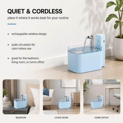 FreshFlow quiet cordless pet water fountain for bedroom living room or home office