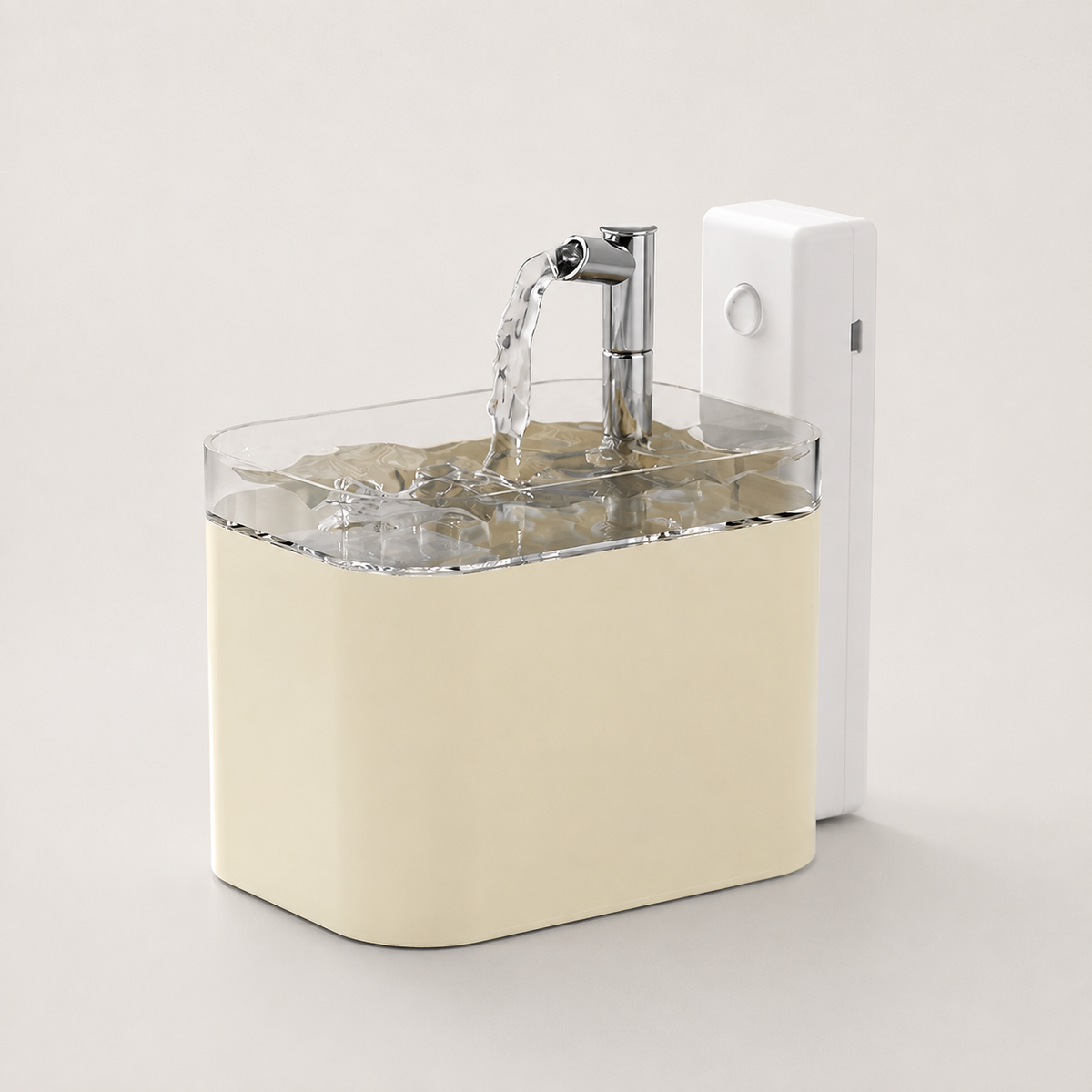 FreshFlow wireless pet water fountain in beige on a soft light gray background