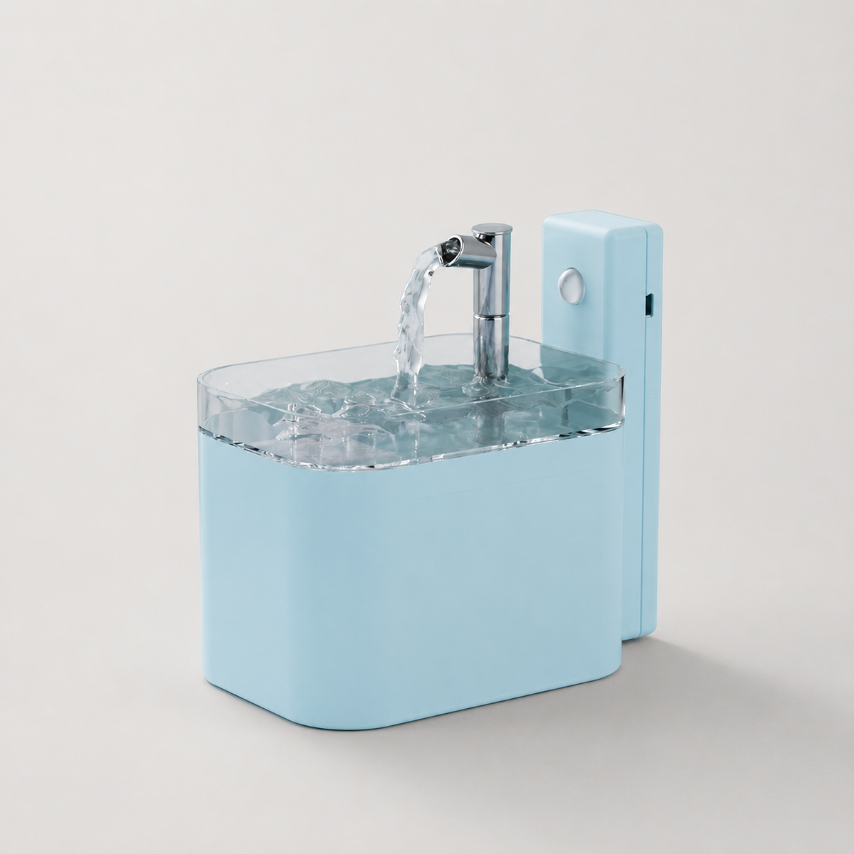 FreshFlow wireless pet water fountain in blue on a soft light gray background