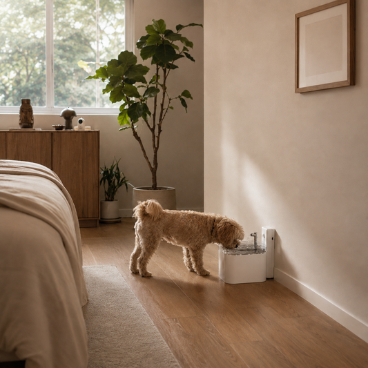 Dog beside the FreshFlow wireless pet water fountain in a cozy bedroom