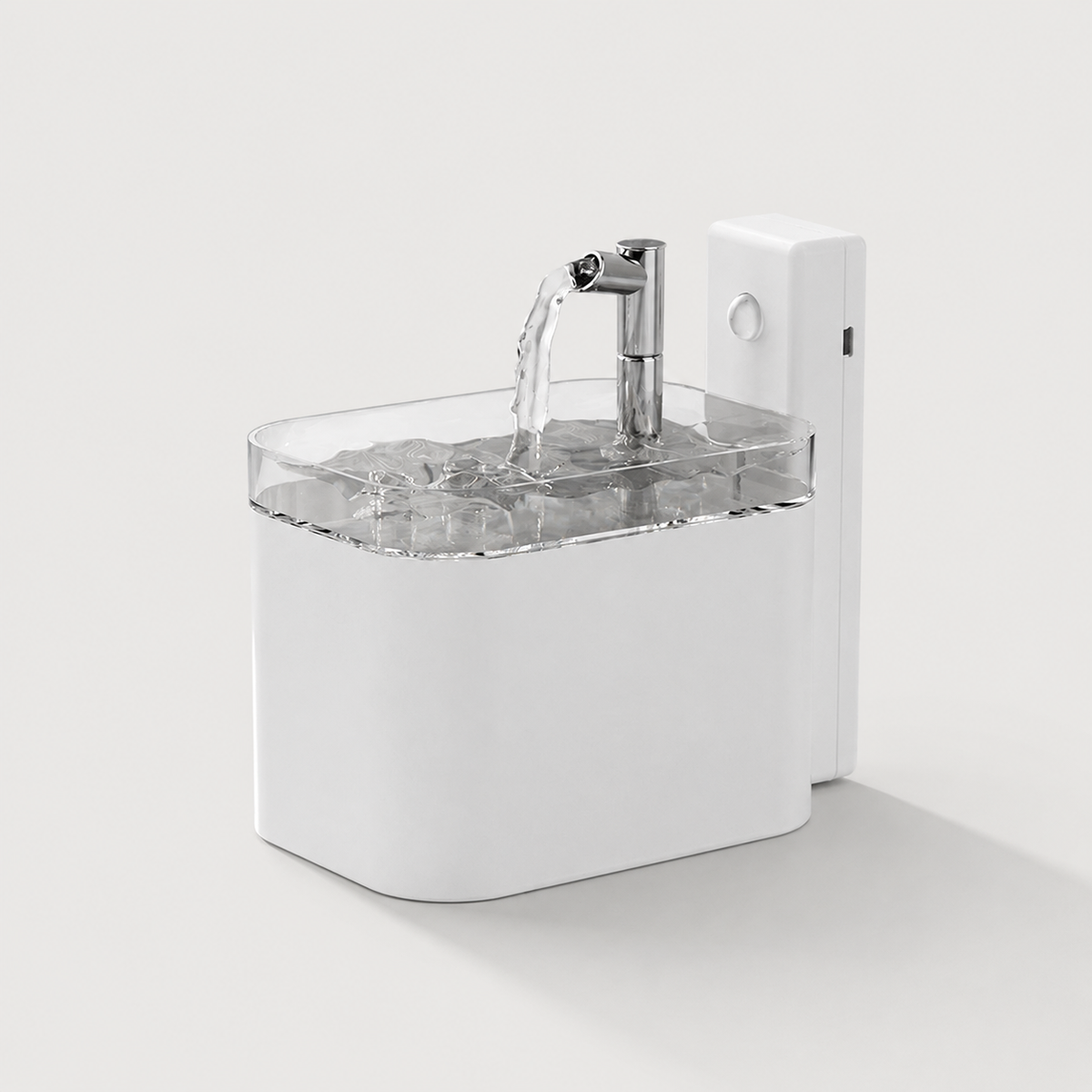 FreshFlow wireless pet water fountain in white on a soft light gray background