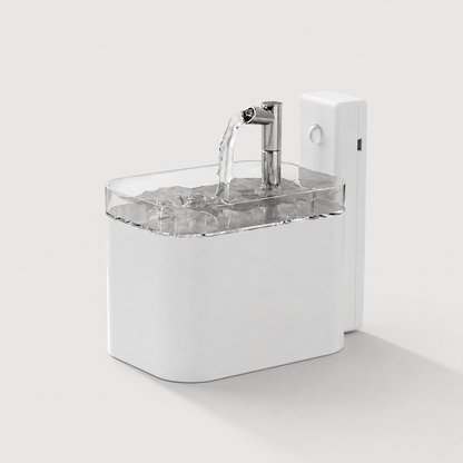FreshFlow wireless pet water fountain in white on a soft light gray background