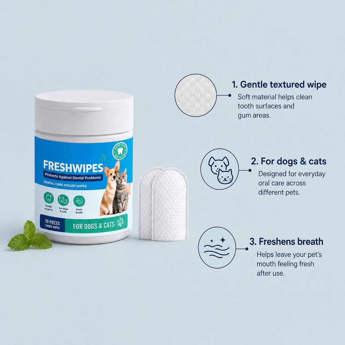 FreshSmile dog and cat dental wipes with textured material for gentle cleaning and fresh breath