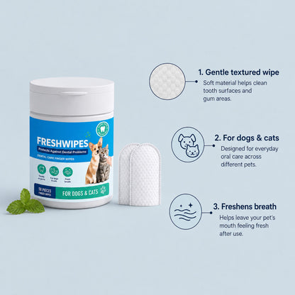 FreshSmile dog and cat dental wipes with textured material for gentle cleaning and fresh breath