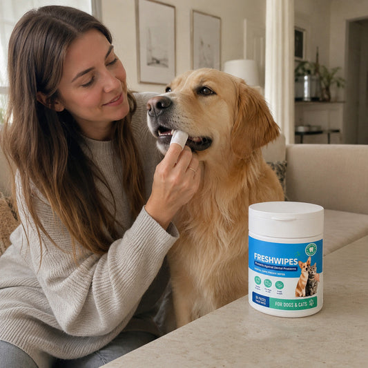 Woman using a FreshSmile dental finger wipe to clean a golden retriever’s teeth at home