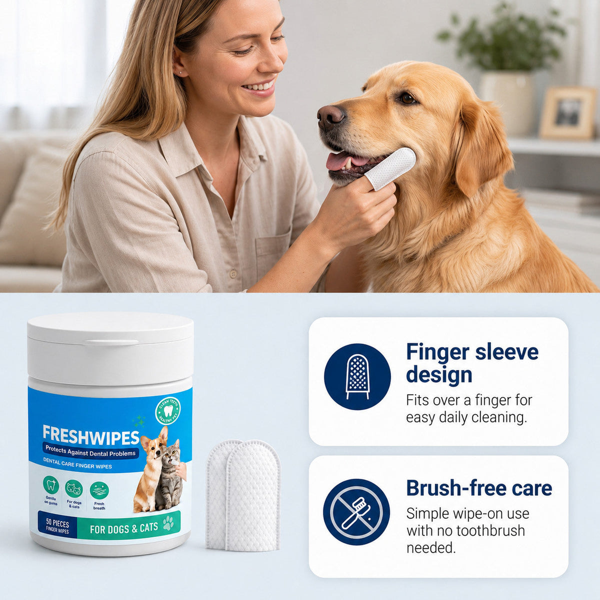 FreshSmile pet dental finger wipes with finger sleeve design for brush-free dog and cat oral care