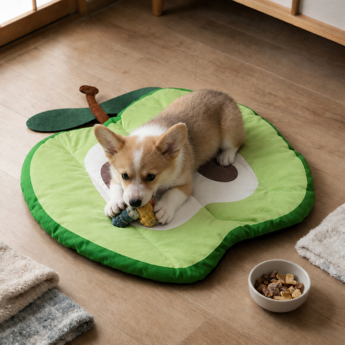 Cat or small dog relaxing on a Fruity Nap pet mat at home