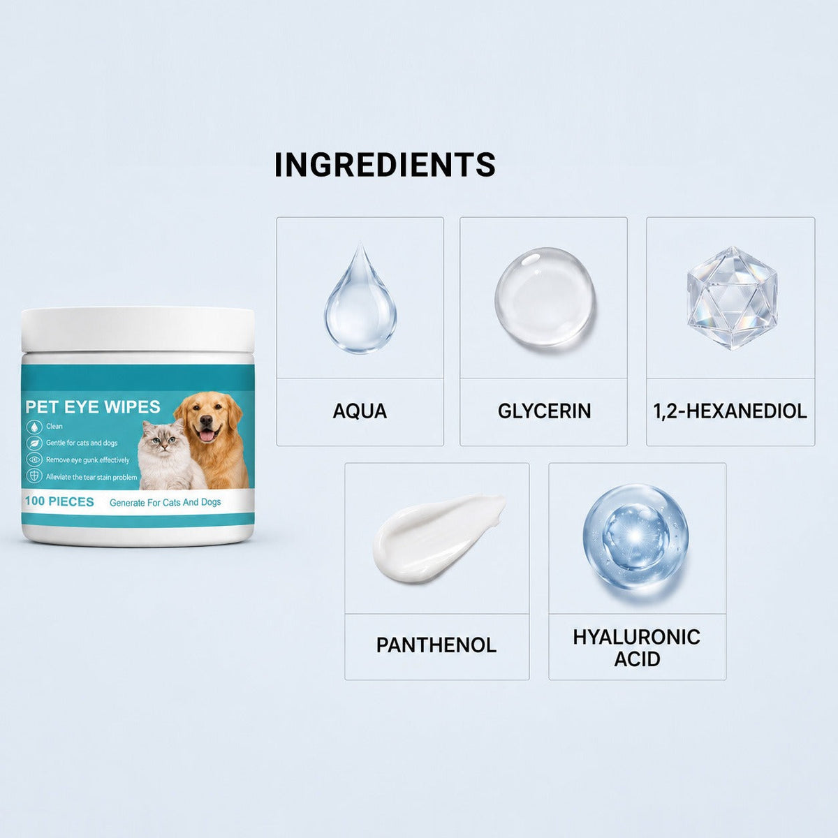 Ingredients in Gentle Eye Wipes including aqua glycerin 1,2-hexanediol panthenol and hyaluronic acid