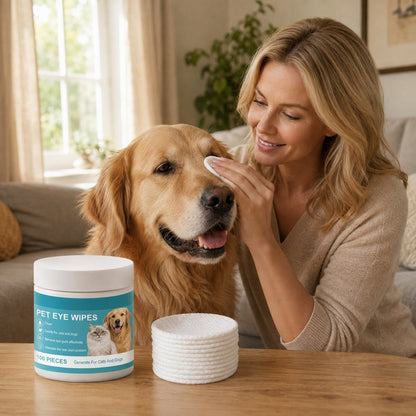 Woman gently cleaning a golden retriever's eye area with a pet eye wipe