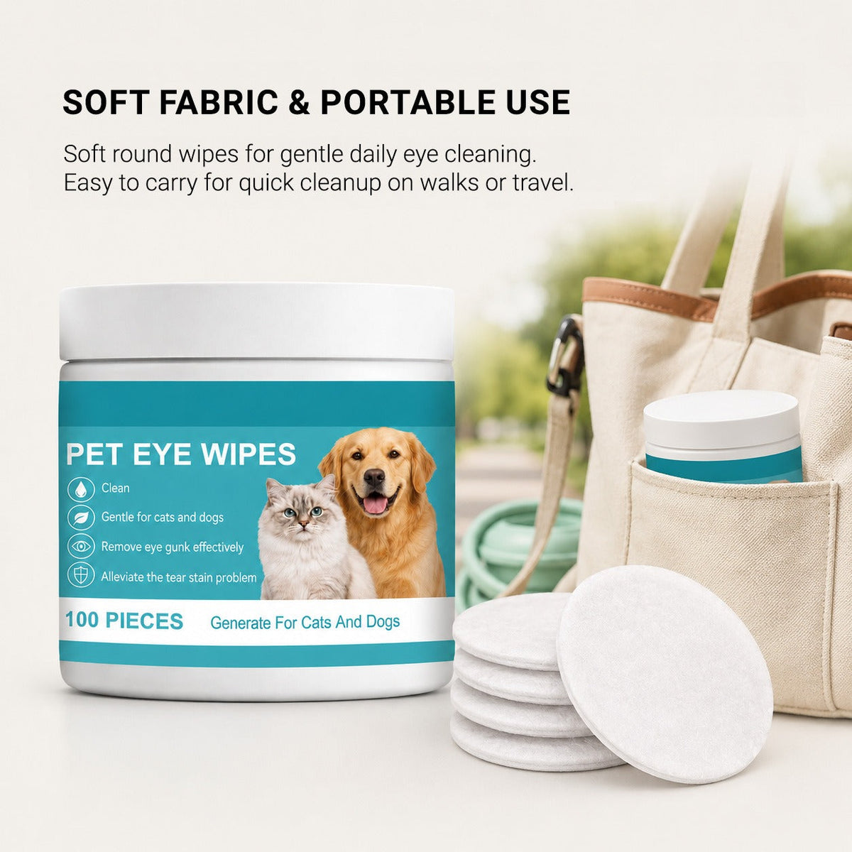 Soft round pet eye wipes with portable container for daily grooming and travel