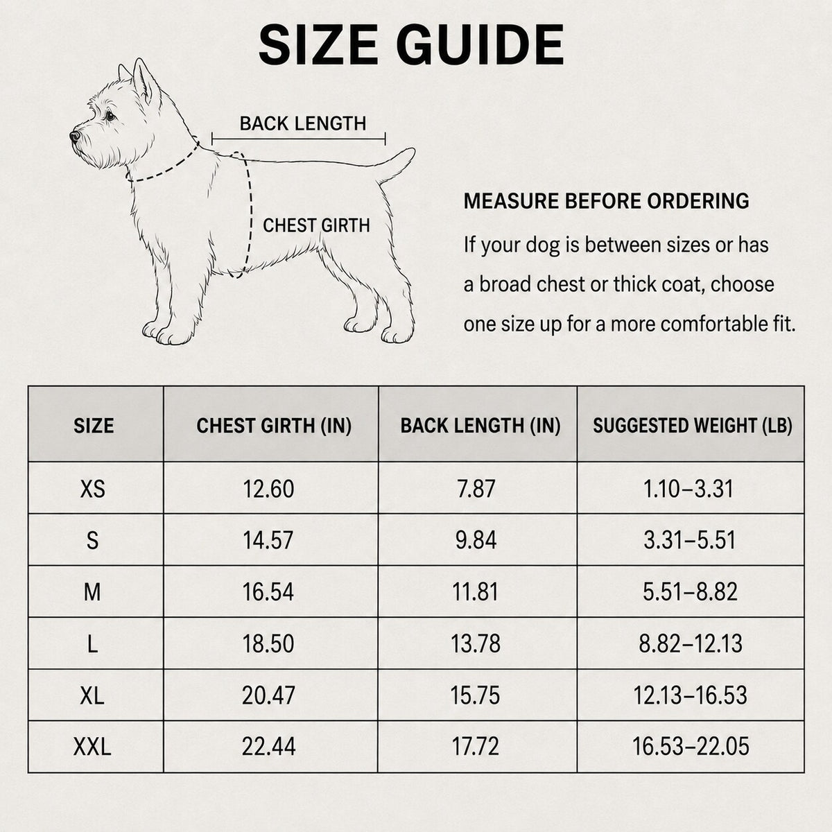 GentleGuard dog recovery suit size guide with chest girth back length and weight