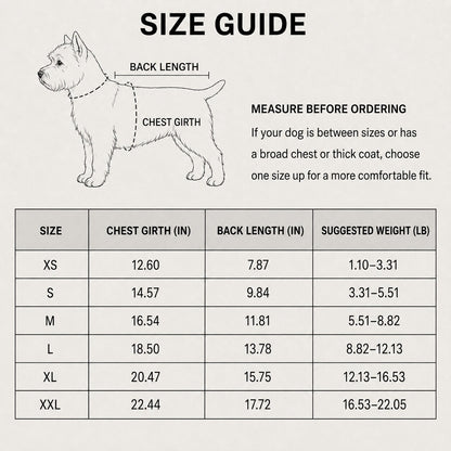 GentleGuard dog recovery suit size guide with chest girth back length and weight