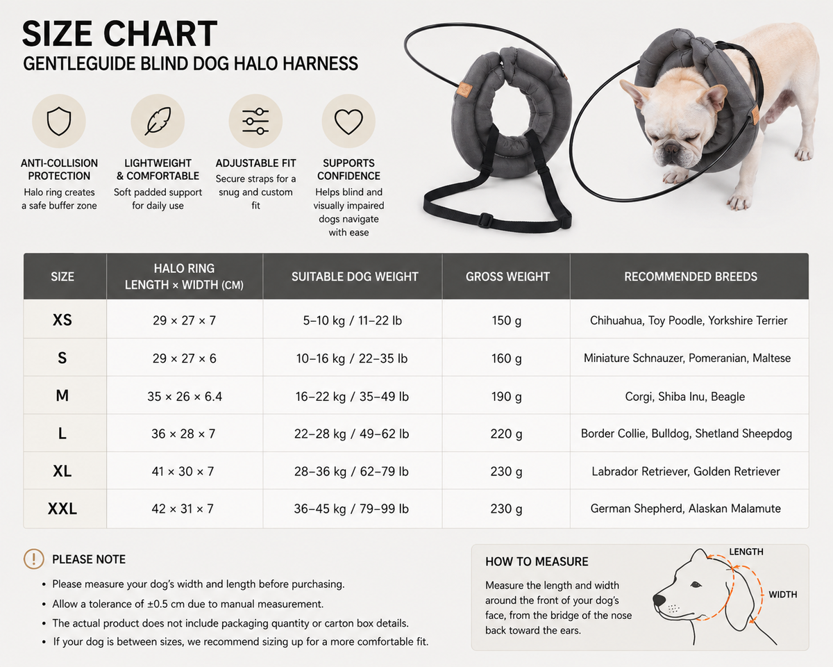 GentleGuide blind dog halo harness size guide for XS through XXL