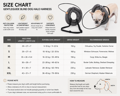 GentleGuide blind dog halo harness size guide for XS through XXL
