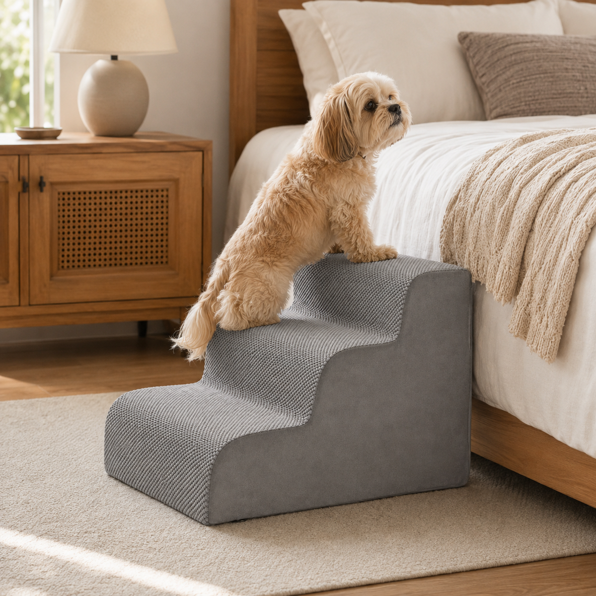 Senior dog using GentleRise foam pet stairs beside a bed for easier access