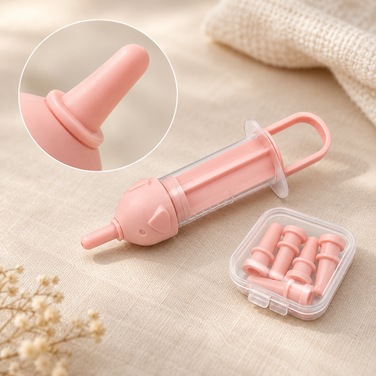Pink GentleSip soft tip hydration feeder detail with replacement tips