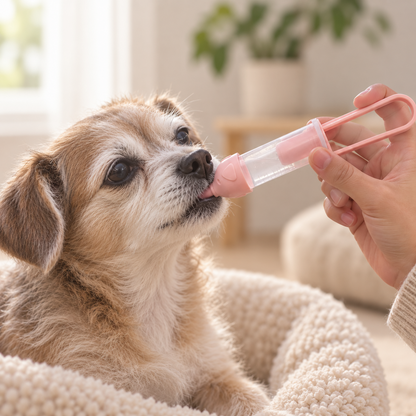 Senior dog receiving assisted hydration with the GentleSip liquid feeder