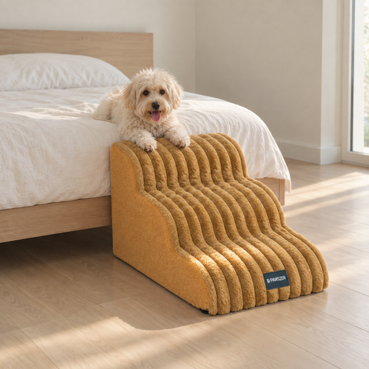 GentleStep curved foam dog stairs in a modern home setting