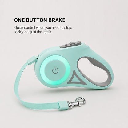 Close-up of the GlowWalk LED retractable dog leash handle and light feature
