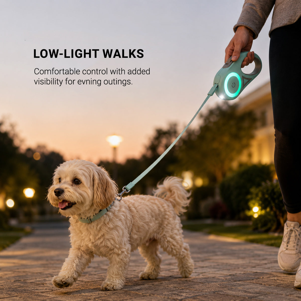 GlowWalk LED retractable dog leash shown in an outdoor walking lifestyle setting