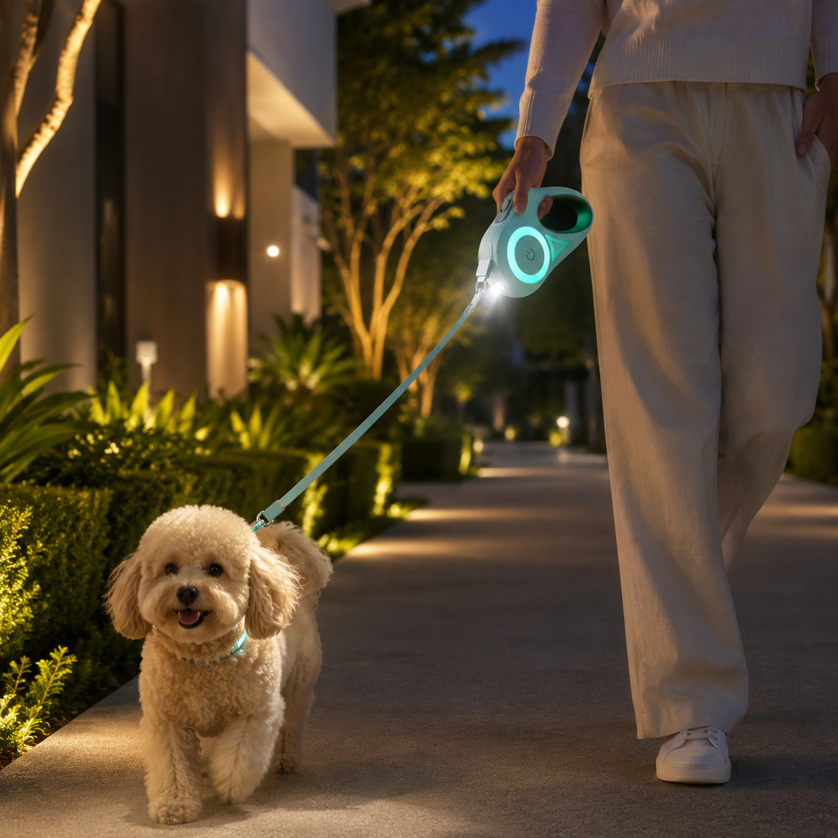 Dog using the GlowWalk LED retractable leash during a nighttime walk