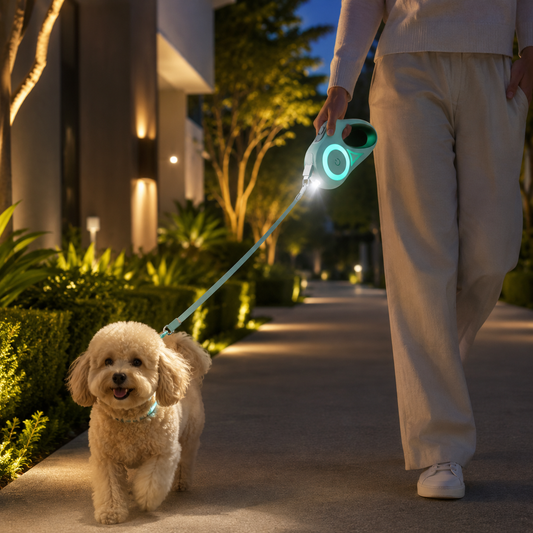 Dog using the GlowWalk LED retractable leash during a nighttime walk