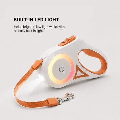 GlowWalk retractable dog leash with ergonomic handle and illuminated walking design