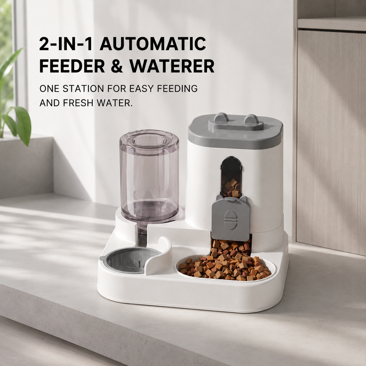 Compact gravity feeding station with food and water bowls for small dogs and cats