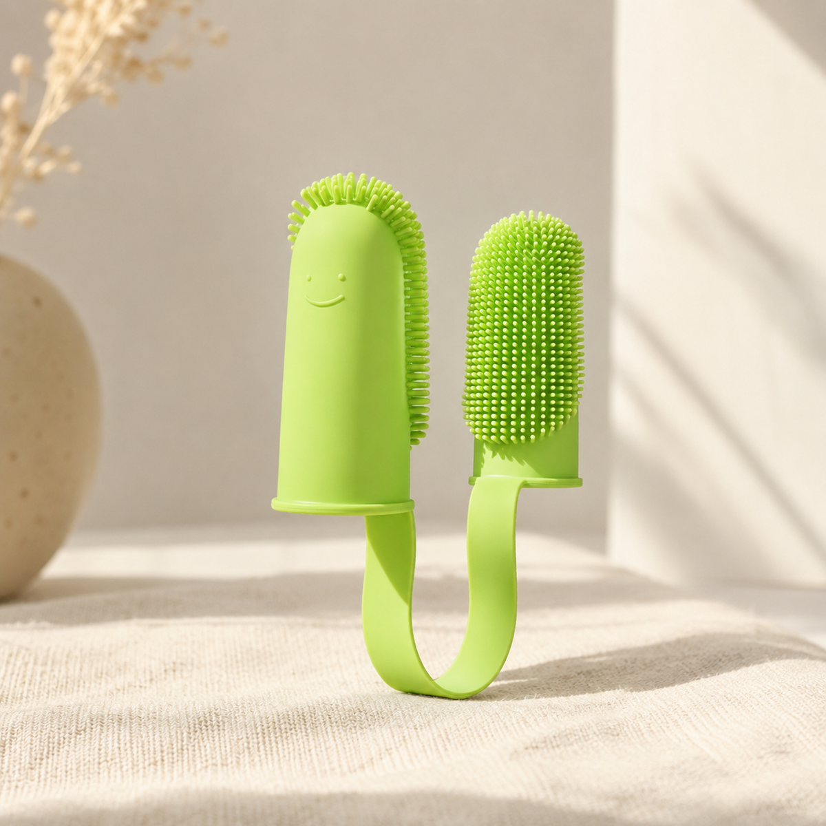 Green soft-bristle double-finger dog toothbrush for pet dental care