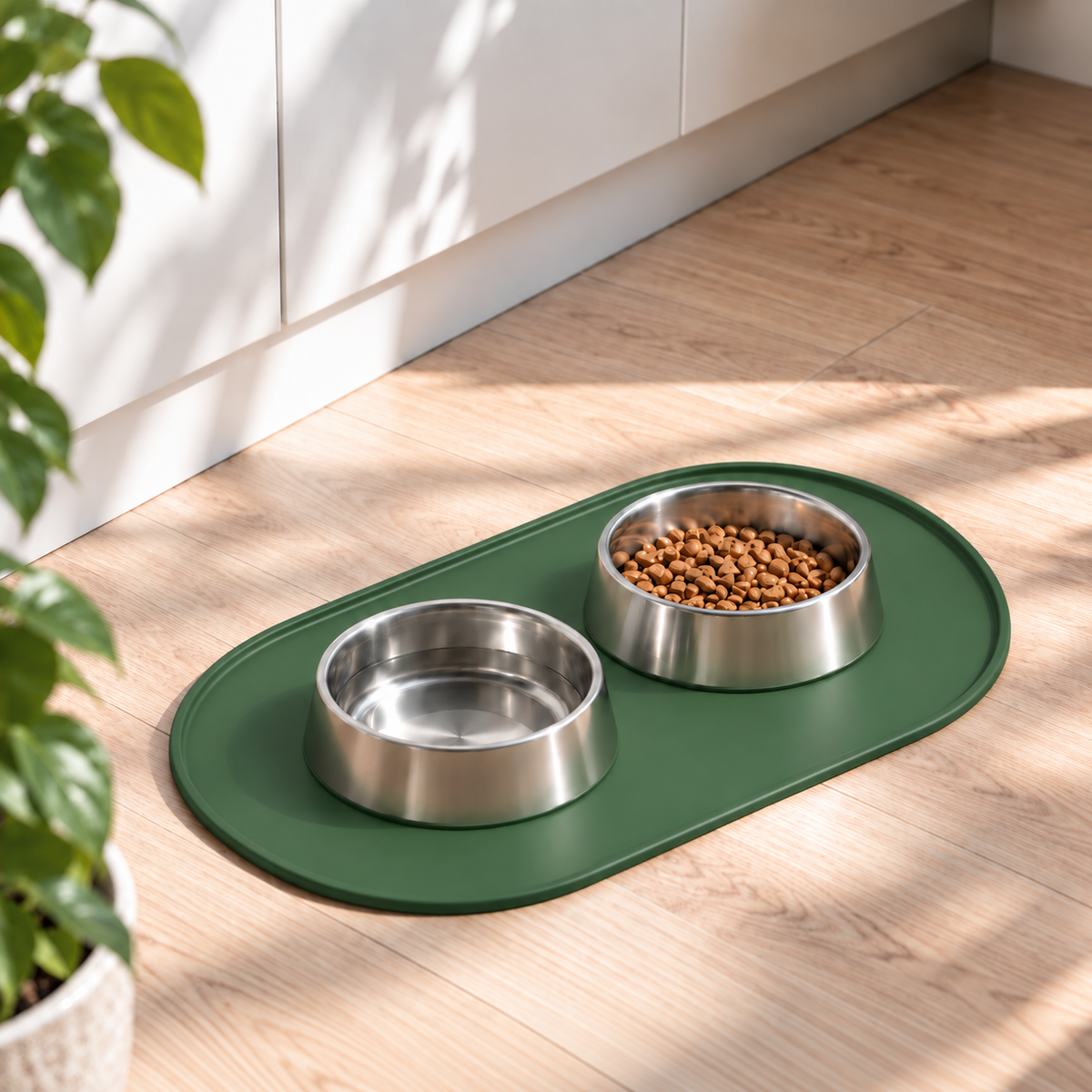 Dark green silicone dog feeding mat with stainless steel food and water bowls in a modern home