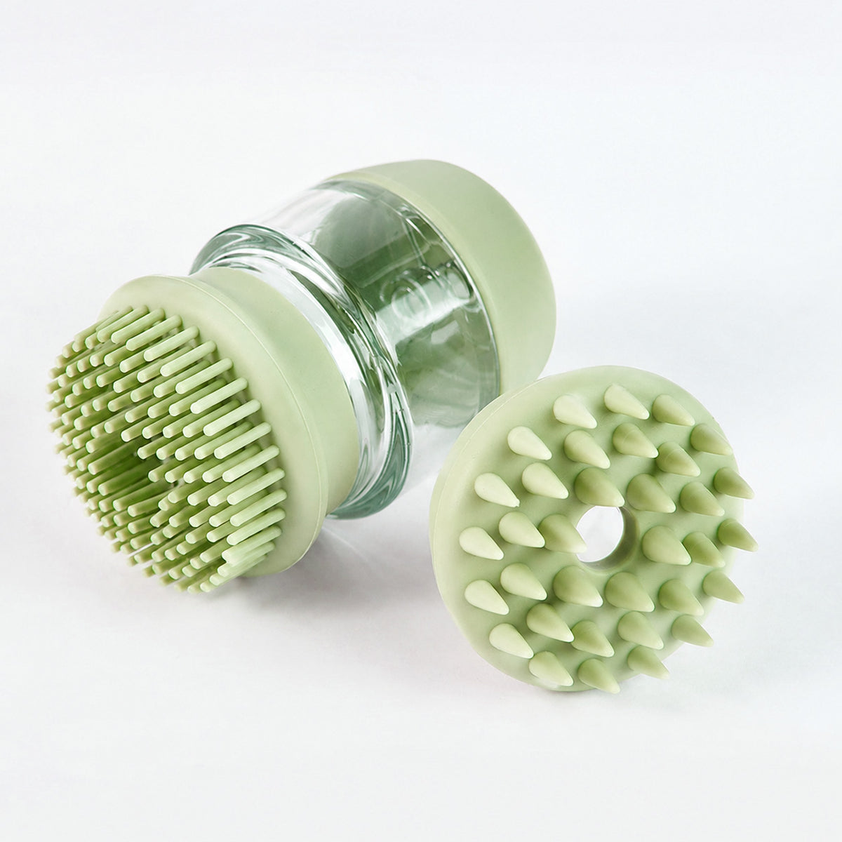 Green silicone pet bath brush with interchangeable soft grooming heads