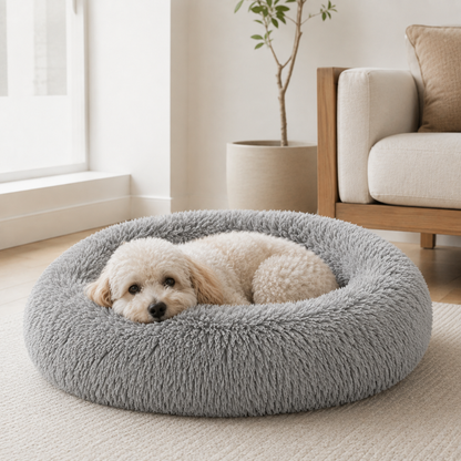 Grey CloudNest plush round dog bed for comfortable everyday naps