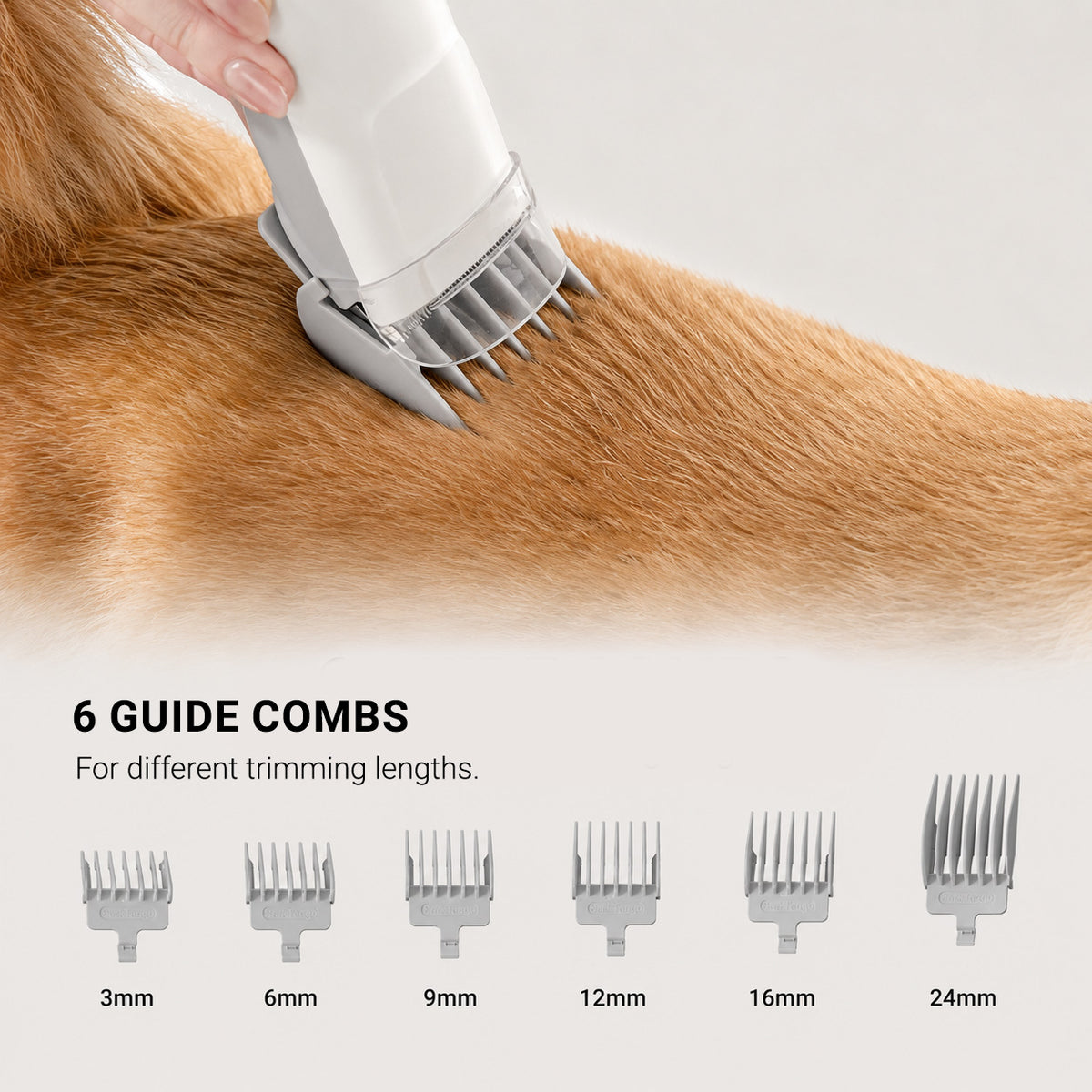 GroomVac dog clipper with six guide combs from 3 mm to 24 mm for different trimming lengths