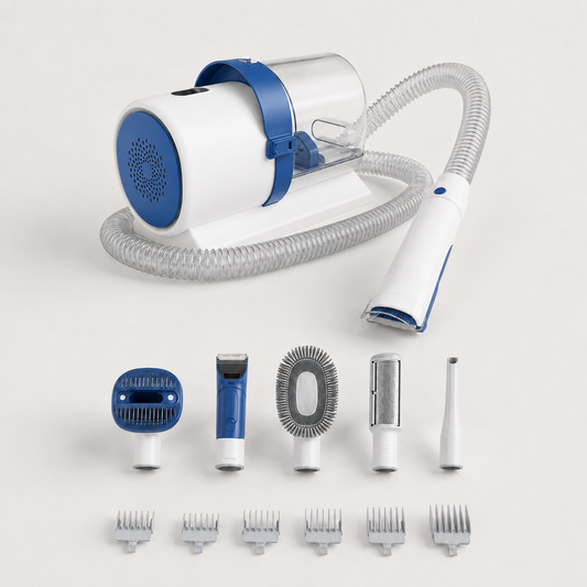 GroomVac 5-in-1 dog grooming vacuum and clipper kit in white and blue with grooming attachments