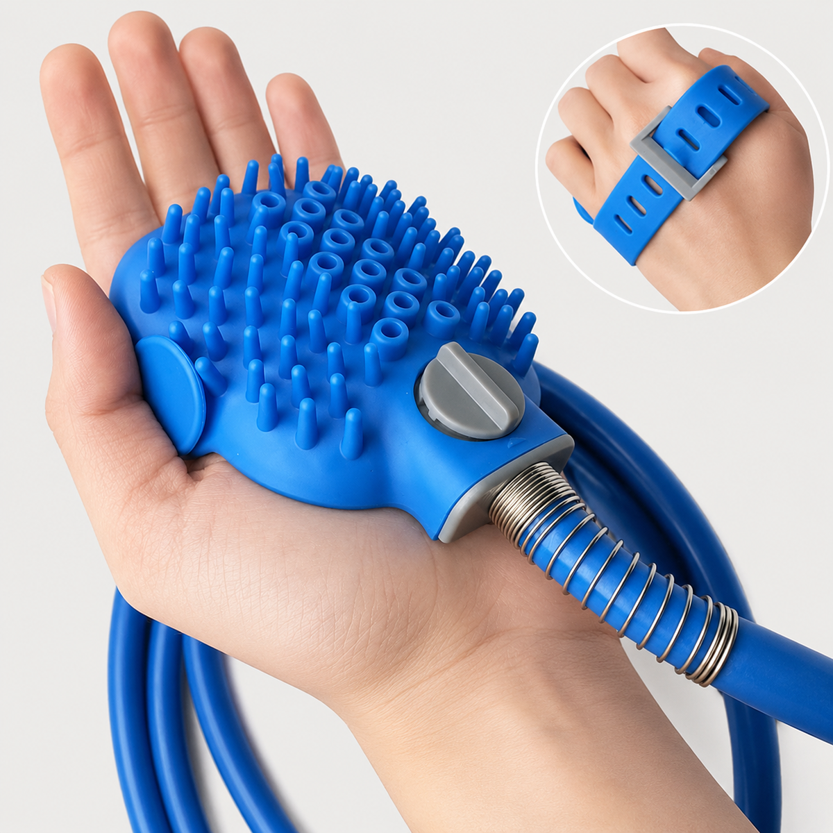 Handheld dog bath sprayer and massage brush used for easy outdoor rinsing